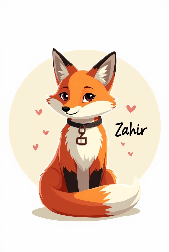 Circular image containing a fox with a white background, the fox wears a collar with a Z and in the picture it says "Zahir"