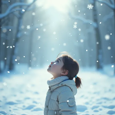 Snowflakes dancing, girl looking up, overhead view,