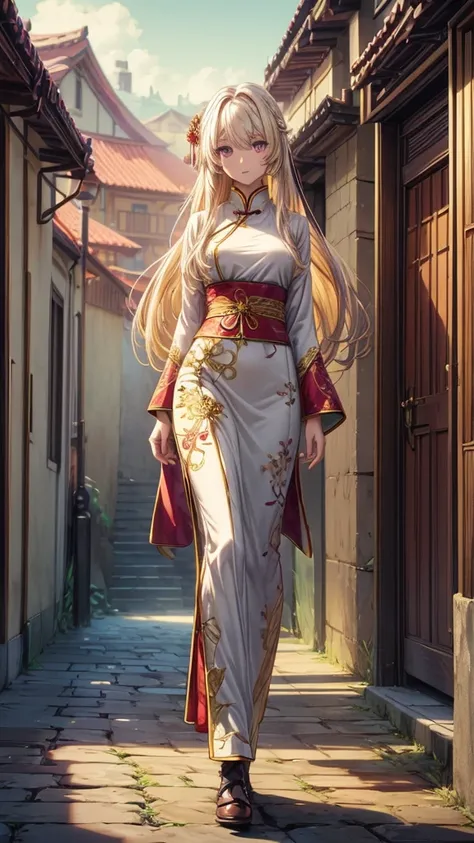 long golden colored hair, Traditional Chinese clothing, hand drawn, violet colored eyes, slenderbody, medium bust, Full-body image,realisitic, HD 8k, perfection, best qualityer, landscape landscape scenery.
