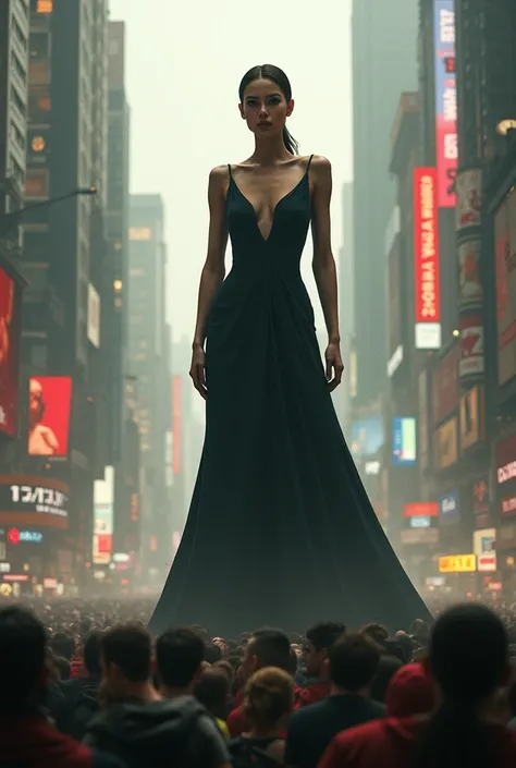 A tall women towering over a crowd