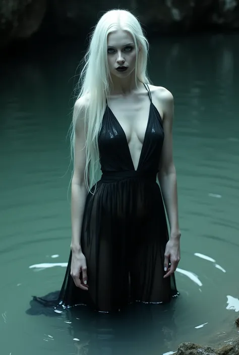 A beautiful woman with pale skin, wet very transparent black dress, long white hair, dramatic eye makeup, dark lips, moody expression, standing in shallow water, rippling water effects, dramatic lighting, dark gothic atmosphere, cinematic composition, phot...