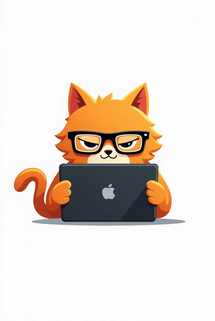 a logo for a shop: a cat using a laptop. the cat is orange and uses glasses. the cat must look like a hacker. the cat must be looking at the laptop. make the image the most professional it can be. the background needs to be white.  the cat needs to be a li...