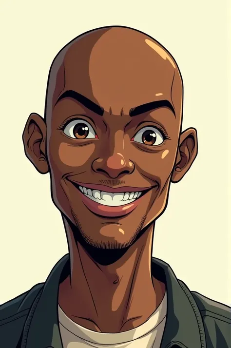 Manga style 50 year old bald black man. flat nose, full lips, Brown eyes. Il sourit