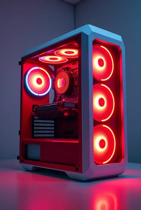 (photorealism 1:2) gaming PC ,red and white rgb colors , the case has a display screen
