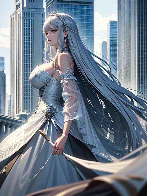 Masterpiece、High resolution、Detailed expression、Huge beauty、Silver Hair、18 meters tall、In a city building