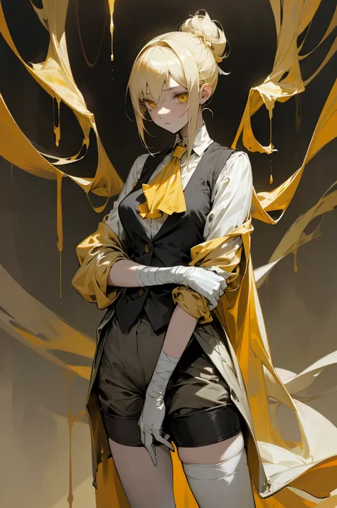 a painting of a young woman in a dreary atmosphere, golden yellow eyes, pale, sickly looking, arms and legs covered in bandages, wearing modest luxury clothes: shorts, suit vest, golden-yellow ascot, white undershirt with rolled up sleeves, thigh-high whit...