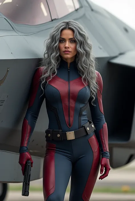 A beautiful youthful looking Chloe Bennet as a 50 years old woman with long curly completely gray hair as the superhero Daisy Johnson from Agents of S.H.I.E.L.D wearing a Daisy Johnson outfit leaning on a f 35 holding a gun in her hands pointing it in fron...