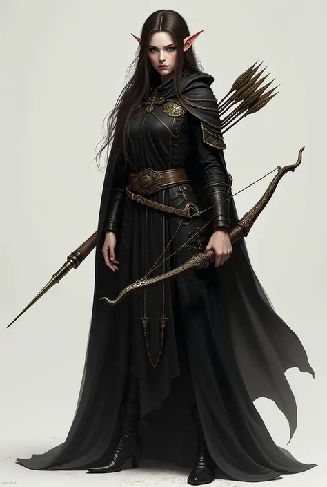 Draw a full-body, standing female half-elf with white skin, little elf ears, eyes black, dark brown hair, wearing a black cloak with gold details and a built-in hood holding a crossbow in his hands and a quiver on his back with a handful of arrows. Her eye...