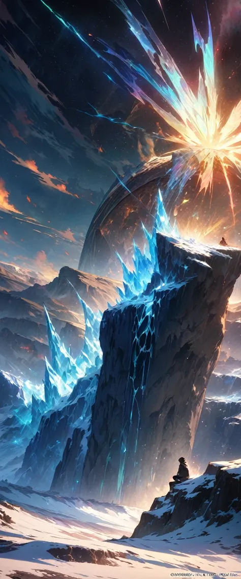 (masterpiece, top quality, best quality, official art, beautiful and aesthetic:1.2) cosmic abyss, creates images using the prism effect, character sitting on the edge of a cliff, worlds end, lonely, frozen in time, euphoria, freedom, peace of mind