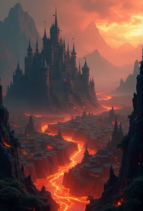 A mystical kingdom of fire. With a big dark castle and houses around it. A dense forest surrounds the kingdom with its burning flames and lava streams along with great mountains behind the castle. 