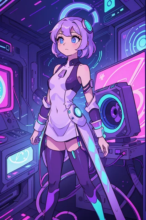 In the heart of the digital world, a figure emerges from the nebulous landscape. A mysterious being with holographic skin, geometric features, and violet eyes, reminiscent of an otherworldly being from a forgotten era. Their hair, a cascade of pixelated st...