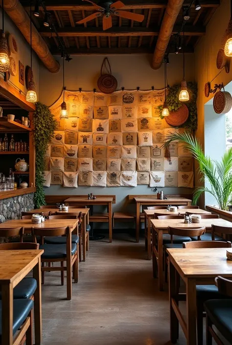 decoration of a small restaurant, with the back wall covered with coffee sacks, with a couple of wooden tables, and handmade decorations from Colombia