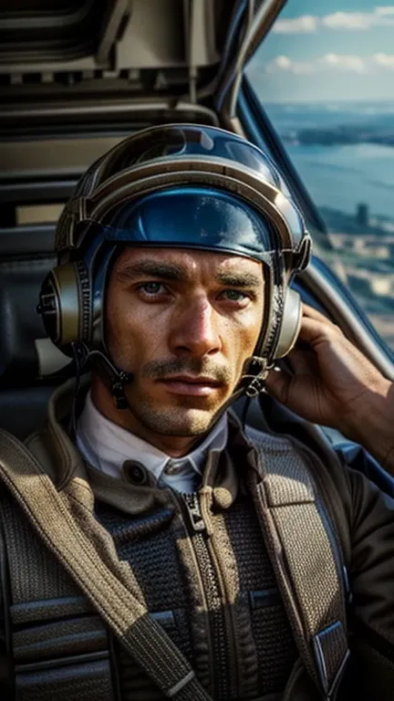 male wearing a pilot suit, salute, look to the view, deep eyes, serious face, high detailed, masterpiece