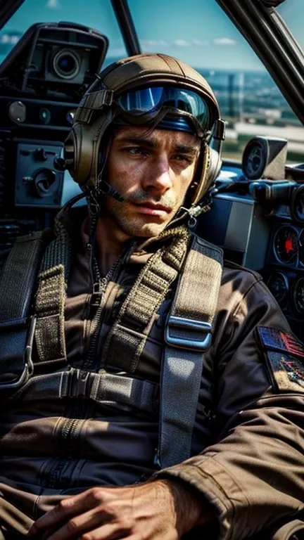 Male wearing a pilot suit, salute, look to the view, deep eyes, serious face, high detailed, masterpiece