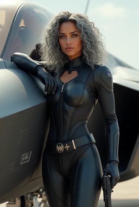 A beautiful youthful looking Chloe Bennet as a 50 years old woman with long curly completely gray hair as the superhero Daisy Johnson from Agents of S.H.I.E.L.D wearing a Daisy Johnson outfit leaning on a f 35 holding a gun in her hands pointing it in fron...