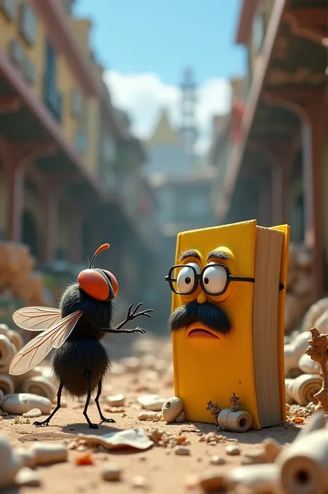 Create a pixar style image of a fly talking to a yellow book with eyes glasses mustache and mouth, which is confused with the words of the fly, and they are found in a garbage dump 