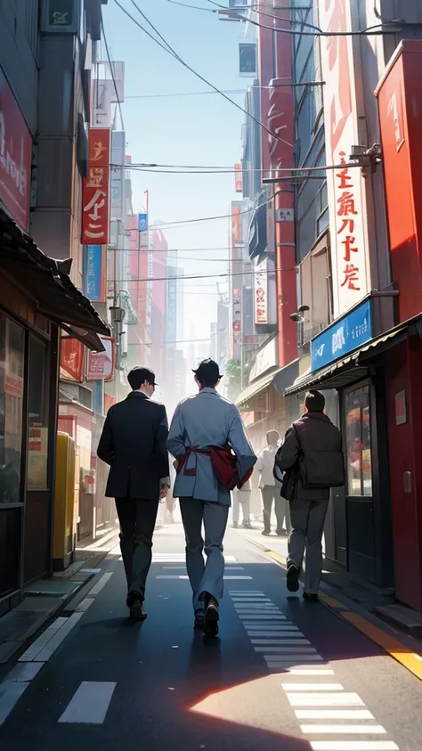 Three guys goofing off while walking through Tokyo in the morning