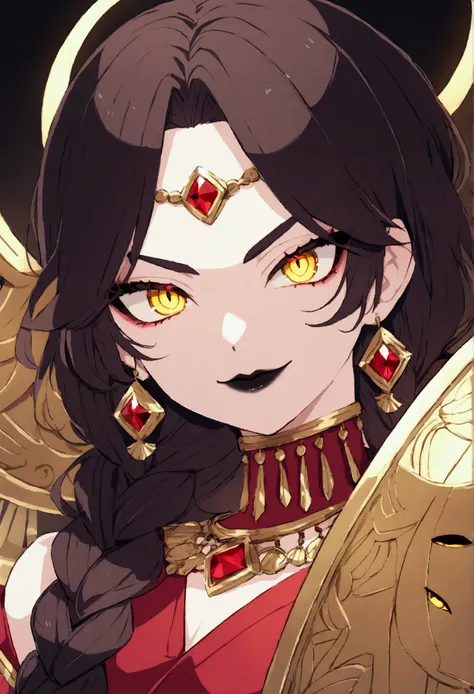 Extremely long straight dark brown hair tied up Tied in an extremely large braid,yellow eagle eyes,red Greek dress with gold details, holding a shield,villain expression, black lipstick, villain smile,villain eyes