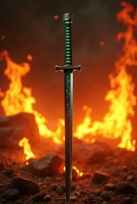 A katana with green details and a background on fire