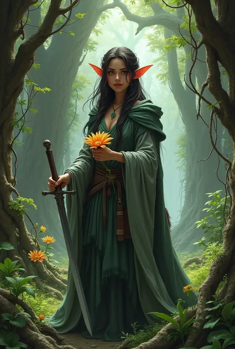 Create a dungeons and dragons character image of an androgynous elf druid with copper skin, small lips, pointed ears long unkempt wild dark brown hair in a gray and dark green traveling cloak holding a scimitar and a flower in ruin in a forest