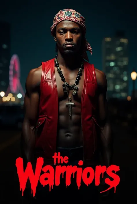 Movie poster style image featuring a dark background with minimal lighting, highlighting a single male subject in the foreground. The subject has dark skin and is wearing a sleeveless, shiny red vest with a patterned headscarf. He also has a necklace with ...