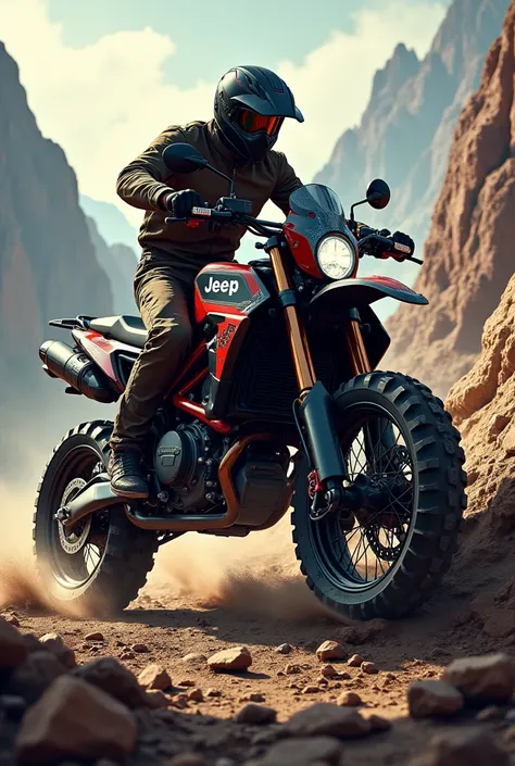 I want you to make me a picture of an all-terrain motorcycle with the Jeep brand