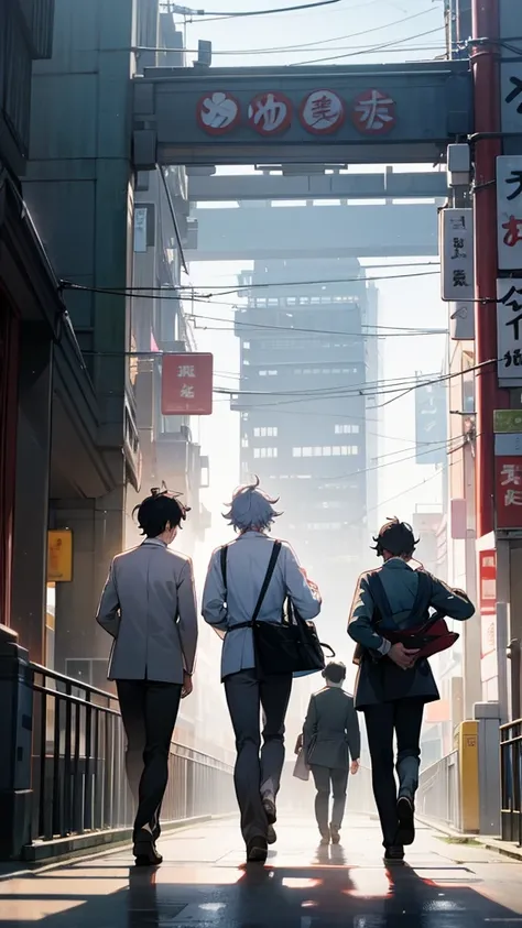 Three male students have fun while walking around Tokyo in the morning