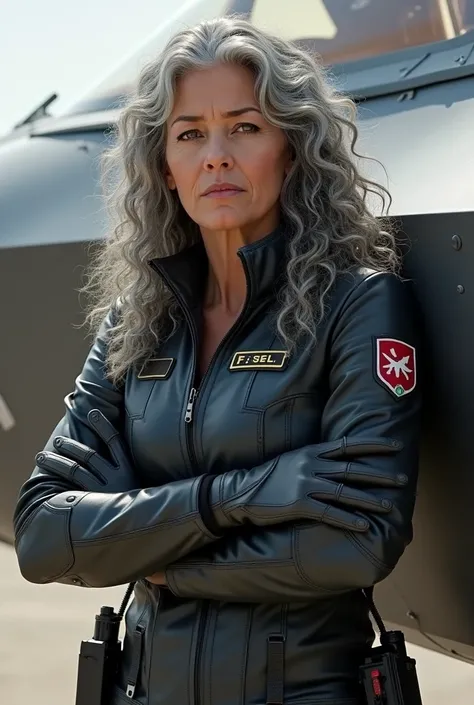 A beautiful youthful looking Chloe Bennet as a 50 years old woman with long curly completely gray hair as the superhero Daisy Johnson from Agents of S.H.I.E.L.D wearing a Daisy Johnson outfit leaning on a f 35 holding a gun in her hands pointing it in fron...