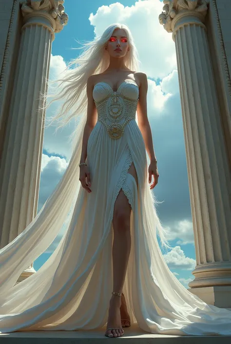 tall woman with long white hair, with a red eyes , Greek goddess

