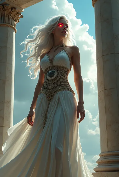 tall woman with long white hair, with a red eyes , Greek goddess

