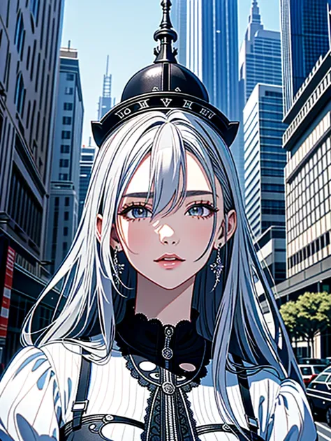 Masterpiece、High resolution、Detailed expression、Huge beauty、Silver Hair、18 meters tall、In a city building