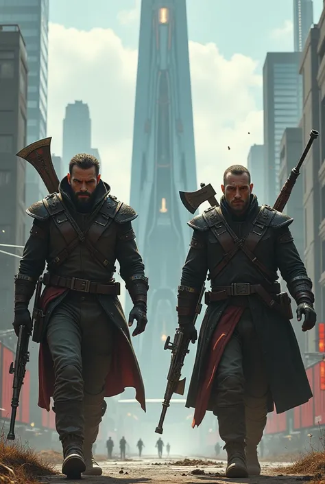 I want an image with 2 well-armed men, even with axes and guns, leaving a city towards a tower of scientists,they have to be facing the tower, and the tower has to be modern