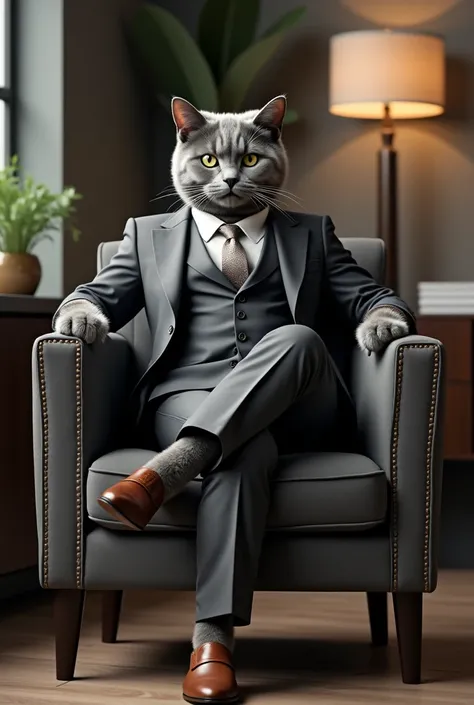 a grey cat wearing fancy clothe in a business chair