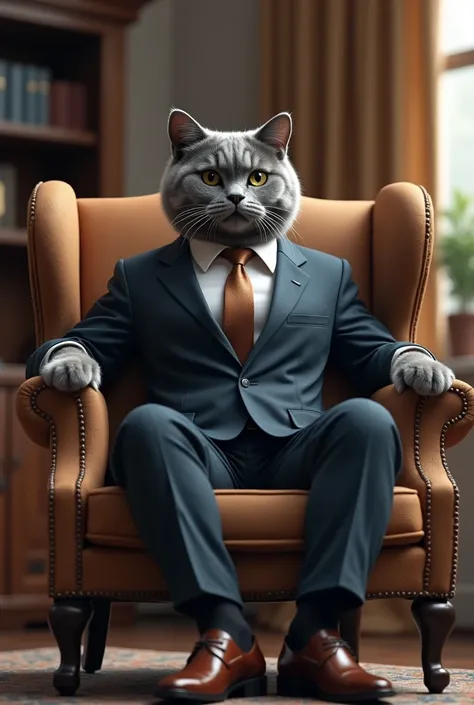 a grey cat wearing fancy clothe in a business chair