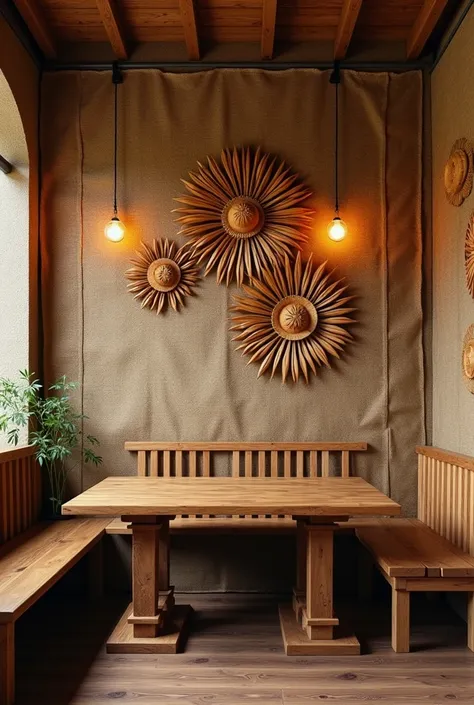 decoration of a small restaurant, with the back wall covered with coffee sacks, with two wooden tables, and Colombian handcrafted decorations made of wood 
