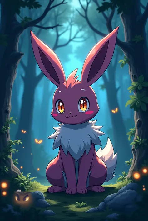 an art of the anime version of pokemon Rabbinja in a dark forest, with nocturnal pokemons
