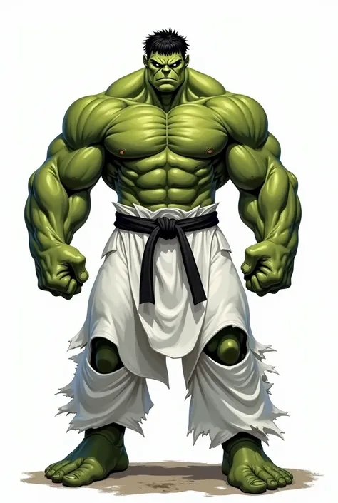 HULK WITH THE GREEN BODY, USANDO KIMONO Jiu Jitsu BRANCO , SHIRT Long , long and RIPPED pants , black Belt, GIANT MUSCULAR, fully body, drawing style, white background