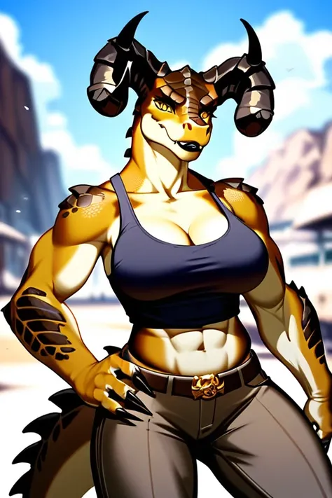 (((Masterpiece))), ((4k)), (best body), Solo, score_9,score_8_up,score_7_up, kemono style, Anthro deathclaw from fallout, Anthro reptile girl, snout, green scaled skin, gold eyes, black lips, black horns, black ram horns, athletic body, smiling, wearing br...