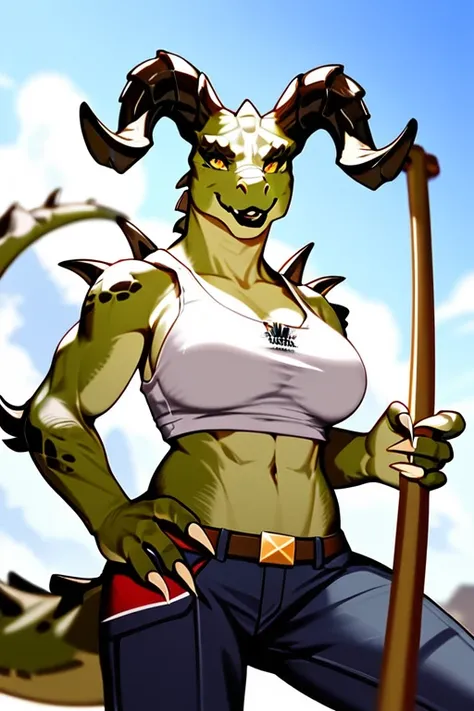 (((Masterpiece))), ((4k)), (best body), Solo, score_9,score_8_up,score_7_up, kemono style, Anthro deathclaw from fallout, Anthro reptile girl, snout, green scaled skin, gold eyes, black lips, black horns, black ram horns, athletic body, smiling, wearing br...