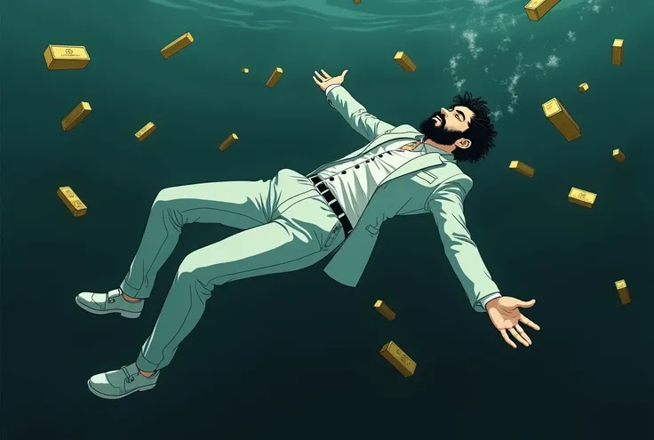 Create a anime style landscape image. an dramatic style under the water image showing a surreal and dramatic scene of a male person in a white suit, white shoes, and sinking into deep, The man has  dark medium hair, thik medium beard and light skin, dark w...