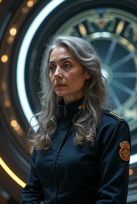 A beautiful youthful looking Chloe Bennet as a 50 years old woman with long curly completely gray hair as a member of stargate command standing next to the Stargate 