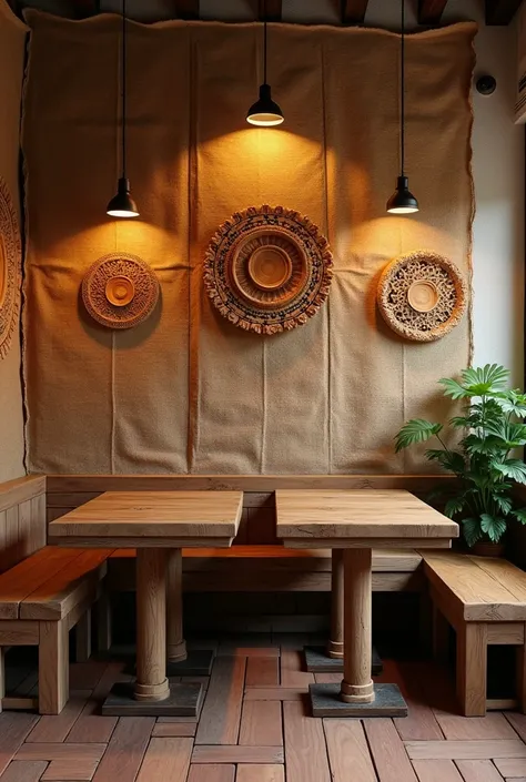 decoration of a small restaurant, with the back wall covered with coffee sacks, with two wooden tables, and Colombian handcrafted decorations made of wood 
