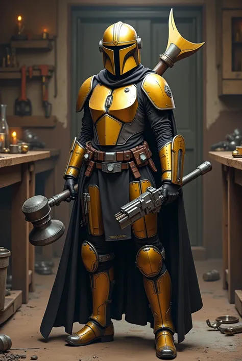 A female Mandalorian with gold and black colors, Armorer who uses a hammer and a large flamethrower shaped like Valkyrie wings