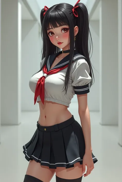 Asian woman dressed as a schoolgirl with big breasts and pigtails
(Meme image avec  une poitrine plus volumineuse)