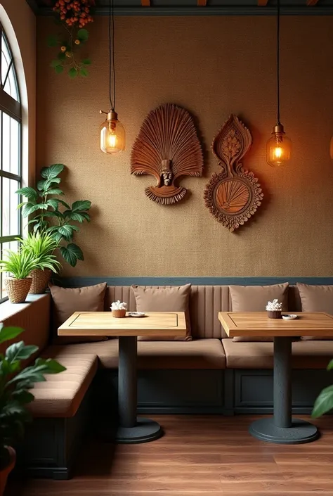 decoration of a small restaurant, with the back wall covered with coffee sacks, with two wooden tables, and Colombian handcrafted decorations made of wood 
