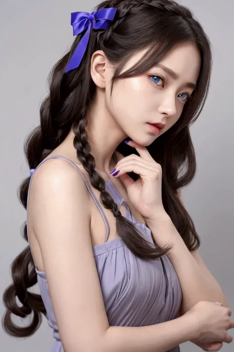 She has long, flowing レインボーhair、The intricate braids and hairpins give it a dynamic look.。The hairstyle frames her delicate face.、Her blue eyes stand out, exuding a gentle yet confident expression.。She is wearing a black sleeveless outfit.、It has purple ac...