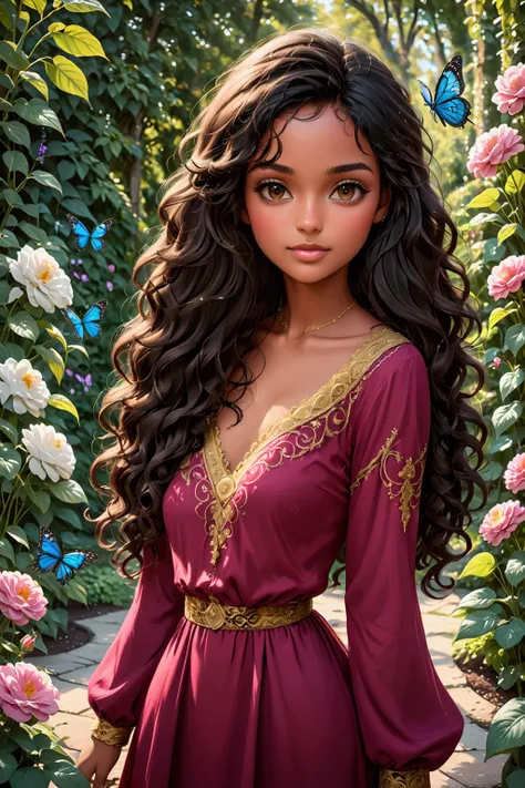 The image shows a young woman with a soft expression and a slight smile.. She has dark skin and curly black hair., that are voluminous and frame your face in a natural and graceful way. 
She is standing in the background in a princess style garden.