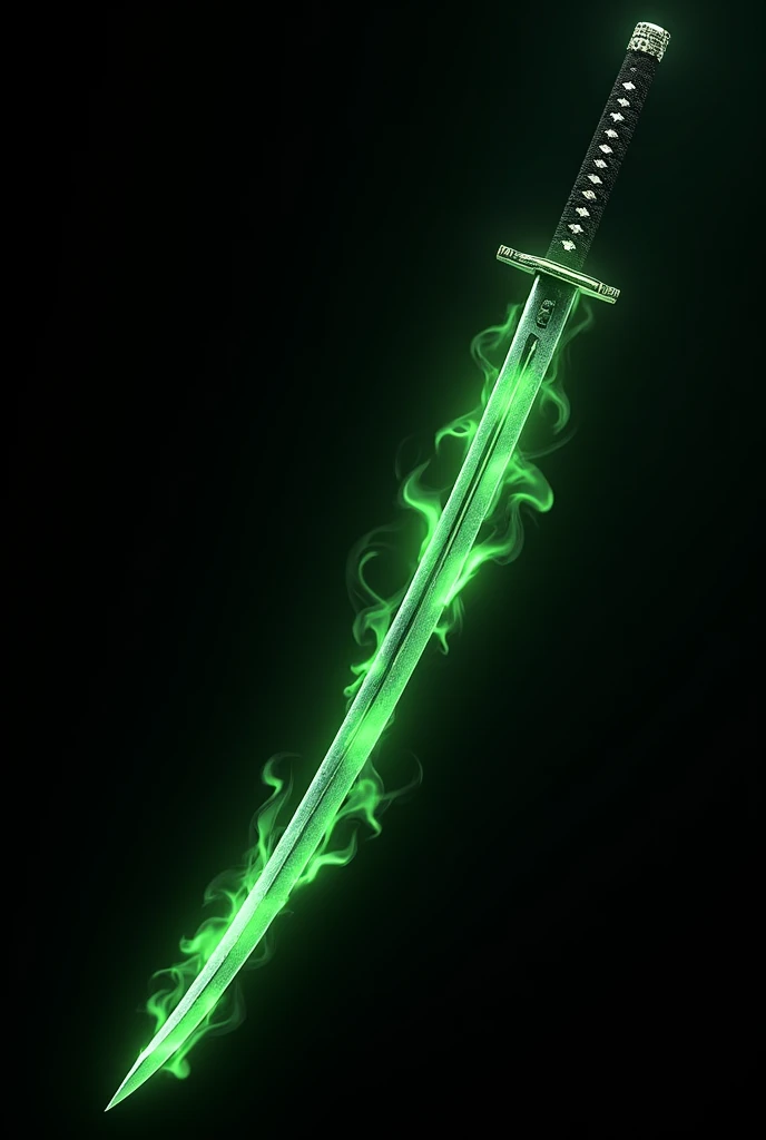 A katana with green fire details on a black background