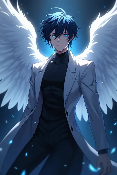 A dark-haired male anime angel with blue eyes and white wings 