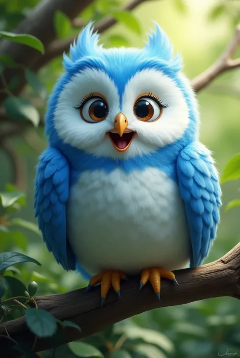 A very cute blue owl laughing.